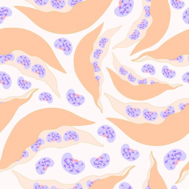 Mor fasülyeli fasulye kabukları kusursuz desenli. Sarı kapsüllerde çizgili mor fasulyeler, kusursuz desenler. Kumaş, tekstil, ambalaj, dekorasyon, parmak izi ve daha fazlası için uygun.