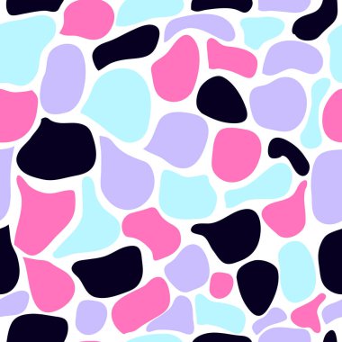 Pembe, siyah, mavi ve mor tonlarda kusursuz şekiller. Sanatsal dengeye sahip cesur, modern bir tasarım, tekstil, duvar kağıdı, moda, kırtasiye, ambalaj ve kumaş için ideal..