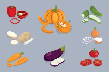 Sliced vegetables set with pumpkin, tomato, eggplant, potato, cucumber, pepper, onion and carrot. Flat isometric vector illustration.