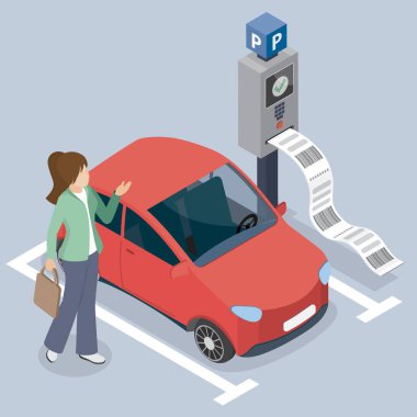 Bir kadın sürücü büyük bir park sayacı faturasına şaşırır ve üzülür. Ödeme sistemi ve kırmızı arabası olan park yeri. 3d düz izometrik vektör çizimi.