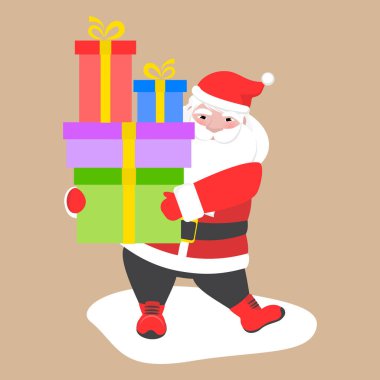 Hediye kutularıyla Mutlu Noel Baba çizgi filmleri. Basit bir çocuk tasarımı, Noel ve Yeni Yıl sembolü. Düz vektör illüstrasyonu.