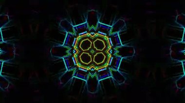Psikedelik Kaleydoskop Patlaması simetrik kaleydoskop şekilleri patlıyor ve canlı renklerle beatendly döngülerde şekil değiştiriyor