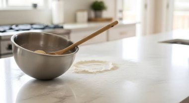 Paslanmaz çelik karıştırma kabı ve arka planda soba olan mermer mutfak tezgahında ahşap bir kaşık yakın çekim..