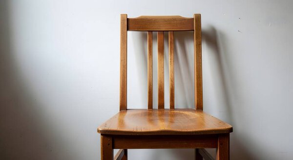 A close-up, eye-level shot of a classic wooden chair with vertical slats on its back, positioned against a plain, textured white wall.