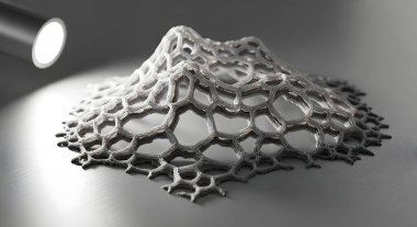 Karmaşık, soyut geometrik bir heykelin, tekrarlayan altıgen desenli, spot ışıklarıyla aydınlatılmış, yakın plan, siyah ve beyaz bir görüntüsü..