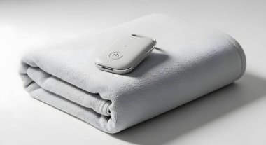 Yumuşak, katlanmış gri elektrikli ısıtmalı battaniye, kumandası üzerinde dinleniyor, temiz beyaz bir arka planda sunuluyor..