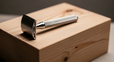 Pırıl pırıl parlayan krom bir çift kenarlı güvenlik jiletinin yakın plan çekimi. Kırsal bir ahşap blokta dinleniyor..