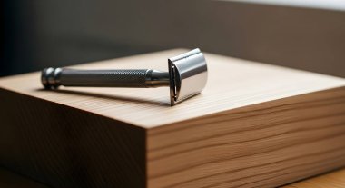 Pürüzsüz, metalik, çift kenarlı güvenlik jileti desenli ahşap bir bloğun üzerinde duruyor, zamansız tasarımı ve işçiliği vurgulanıyor..