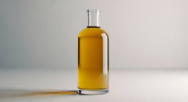 Uzun boyunlu berrak cam bir şişe altın kehribar bir sıvı içerir, açık renkli bir yüzeye ince bir gölge bırakır..