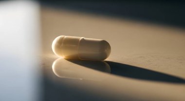 Tek bir kapsül, muhtemelen bir hap ya da takviye, yakın planda gösteriliyor. Işıklandırma güçlü gölgeler ve röflelerle dramatik bir etki yaratır..