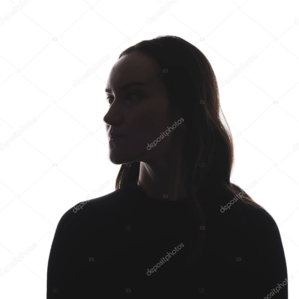 trendy black and white silhouette portrait of woman in half turn