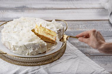 Ev yapımı hindistan cevizli kek, spatulada kek, ev yapımı yemek konsepti.