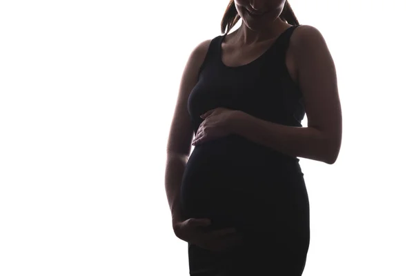 Portrait Smiling Pregnant Woman Black Dress White Background Happy Pregnancy — Stock Photo, Image