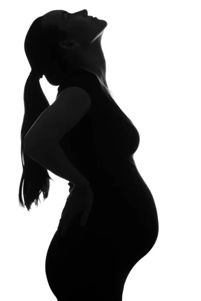 Black White Silhouette Portrait Pregnant Woman Head Tilted White Background — Stock Photo, Image