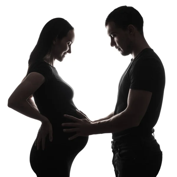 Hamile Kadın Erkeğin Silüet Portresi Beyaz Arka Planda Hamile Kadının — Stok fotoğraf