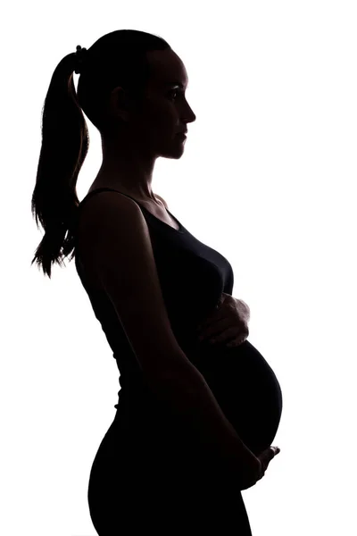 Retrato Silhueta Mulher Grávida Fundo Branco Com Mãos Barriga Vertical — Fotografia de Stock