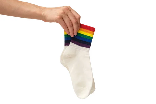 Hand Pair White Cotton Socks Rainbow Stripes White Background Isolate — ストック写真