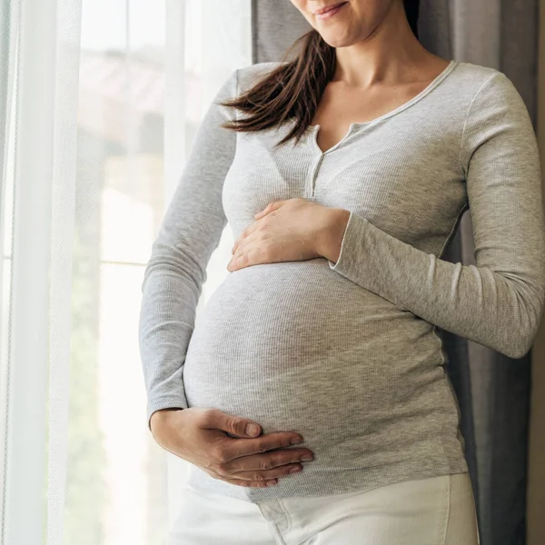 灰色のジャケットを着た妊婦は手でお腹を抱いて窓の近くに立つ幸せな待望の妊娠コンセプト — ストック写真