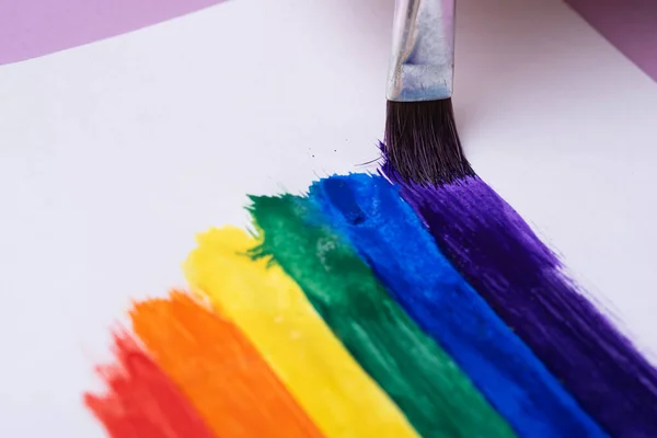 Zeichnung Regenbogen Regenbogenstreifen Mit Aquarellfarbe Mit Pinsel Nahaufnahme Lgbtq Symbolkonzept Stockbild