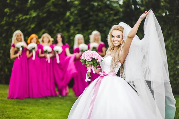 Bride with bridesmaids in a park — Stock Photo, Image