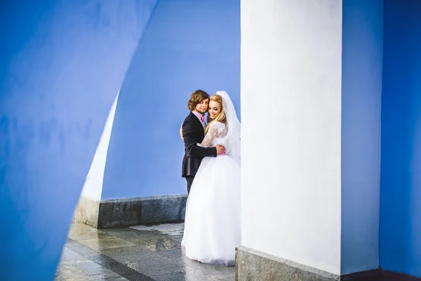 Bruid en bruidegom samen poseren — Stockfoto