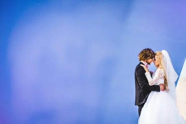 Bruden och brudgummen poserar tillsammans — Stockfoto