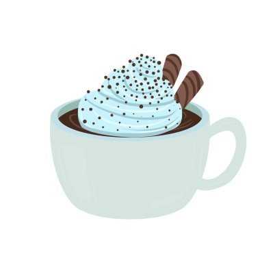 Sıcak ve lezzetli içeceklerle dolu bardaklar. Çikolata, kahve, kakao ve kremalı fincanlar çizilmiş. Karalama kış mevsimlik elementleri beyaza izole edilmiş tasarım için. Samimi El çizimi