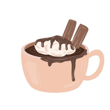 Sıcak ve lezzetli içeceklerle dolu bardaklar. Çikolata, kahve, kakao ve kremalı fincanlar çizilmiş. Karalama kış mevsimlik elementleri beyaza izole edilmiş tasarım için. Samimi El çizimi