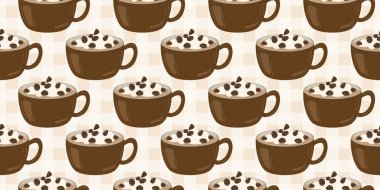 Sıcak ve lezzetli içeceklerle dolu bardaklar. Çikolata, kahve, kakao ve kremalı fincanlar çizilmiş. Karalama kış mevsimlik elementleri beyaza izole edilmiş tasarım için. Samimi El çizimi. Desen Tasarım İllüstrasyonu.