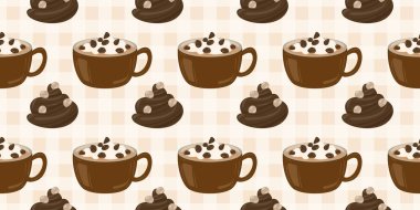 Sıcak ve lezzetli içeceklerle dolu bardaklar. Çikolata, kahve, kakao ve kremalı fincanlar çizilmiş. Karalama kış mevsimlik elementleri beyaza izole edilmiş tasarım için. Samimi El çizimi. Desen Tasarım İllüstrasyonu.