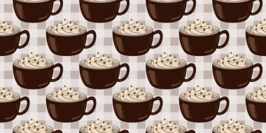 Sıcak ve lezzetli içeceklerle dolu bardaklar. Çikolata, kahve, kakao ve kremalı fincanlar çizilmiş. Karalama kış mevsimlik elementleri beyaza izole edilmiş tasarım için. Samimi El çizimi. Desen Tasarım İllüstrasyonu.