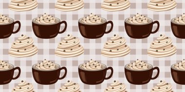 Sıcak ve lezzetli içeceklerle dolu bardaklar. Çikolata, kahve, kakao ve kremalı fincanlar çizilmiş. Karalama kış mevsimlik elementleri beyaza izole edilmiş tasarım için. Samimi El çizimi. Desen Tasarım İllüstrasyonu.