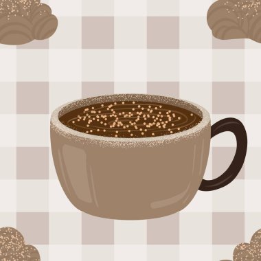 Sıcak ve lezzetli içeceklerle dolu bardaklar. Çikolata, kahve, kakao ve kremalı fincanlar çizilmiş. Karalama kış mevsimlik elementleri beyaza izole edilmiş tasarım için. Samimi El çizimi. Desen Tasarım İllüstrasyonu.