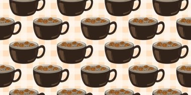 Sıcak ve lezzetli içeceklerle dolu bardaklar. Çikolata, kahve, kakao ve kremalı fincanlar çizilmiş. Karalama kış mevsimlik elementleri beyaza izole edilmiş tasarım için. Samimi El çizimi. Desen Tasarım İllüstrasyonu.