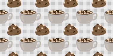 Sıcak ve lezzetli içeceklerle dolu bardaklar. Çikolata, kahve, kakao ve kremalı fincanlar çizilmiş. Karalama kış mevsimlik elementleri beyaza izole edilmiş tasarım için. Samimi El çizimi. Desen Tasarım İllüstrasyonu.