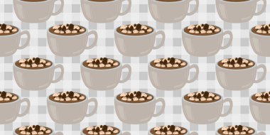 Sıcak ve lezzetli içeceklerle dolu bardaklar. Çikolata, kahve, kakao ve kremalı fincanlar çizilmiş. Karalama kış mevsimlik elementleri beyaza izole edilmiş tasarım için. Samimi El çizimi. Desen Tasarım İllüstrasyonu.