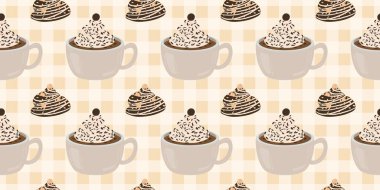 Sıcak ve lezzetli içeceklerle dolu bardaklar. Çikolata, kahve, kakao ve kremalı fincanlar çizilmiş. Karalama kış mevsimlik elementleri beyaza izole edilmiş tasarım için. Samimi El çizimi. Desen Tasarım İllüstrasyonu.