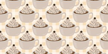 Sıcak ve lezzetli içeceklerle dolu bardaklar. Çikolata, kahve, kakao ve kremalı fincanlar çizilmiş. Karalama kış mevsimlik elementleri beyaza izole edilmiş tasarım için. Samimi El çizimi. Desen Tasarım İllüstrasyonu.