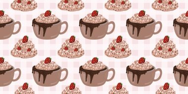 Sıcak ve lezzetli içeceklerle dolu bardaklar. Çikolata, kahve, kakao ve kremalı fincanlar çizilmiş. Karalama kış mevsimlik elementleri beyaza izole edilmiş tasarım için. Samimi El çizimi. Desen Tasarım İllüstrasyonu.