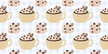 Sıcak ve lezzetli içeceklerle dolu bardaklar. Çikolata, kahve, kakao ve kremalı fincanlar çizilmiş. Karalama kış mevsimlik elementleri beyaza izole edilmiş tasarım için. Samimi El çizimi. Desen Tasarım İllüstrasyonu.