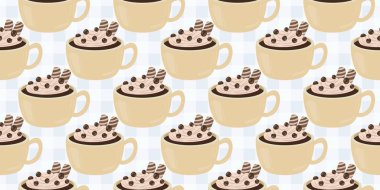 Sıcak ve lezzetli içeceklerle dolu bardaklar. Çikolata, kahve, kakao ve kremalı fincanlar çizilmiş. Karalama kış mevsimlik elementleri beyaza izole edilmiş tasarım için. Samimi El çizimi. Desen Tasarım İllüstrasyonu.