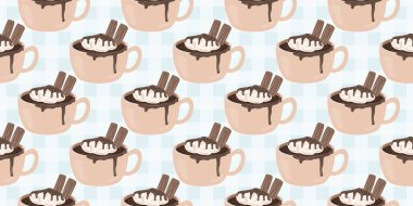 Sıcak ve lezzetli içeceklerle dolu bardaklar. Çikolata, kahve, kakao ve kremalı fincanlar çizilmiş. Karalama kış mevsimlik elementleri beyaza izole edilmiş tasarım için. Samimi El çizimi. Desen Tasarım İllüstrasyonu.