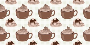 Sıcak ve lezzetli içeceklerle dolu bardaklar. Çikolata, kahve, kakao ve kremalı fincanlar çizilmiş. Karalama kış mevsimlik elementleri beyaza izole edilmiş tasarım için. Samimi El çizimi. Desen Tasarım İllüstrasyonu.