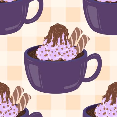 Sıcak ve lezzetli içeceklerle dolu bardaklar. Çikolata, kahve, kakao ve kremalı fincanlar çizilmiş. Karalama kış mevsimlik elementleri beyaza izole edilmiş tasarım için. Samimi El çizimi. Desen Tasarım İllüstrasyonu.