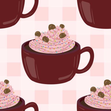 Sıcak ve lezzetli içeceklerle dolu bardaklar. Çikolata, kahve, kakao ve kremalı fincanlar çizilmiş. Karalama kış mevsimlik elementleri beyaza izole edilmiş tasarım için. Samimi El çizimi. Desen Tasarım İllüstrasyonu.