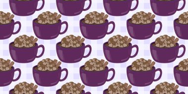 Sıcak ve lezzetli içeceklerle dolu bardaklar. Çikolata, kahve, kakao ve kremalı fincanlar çizilmiş. Karalama kış mevsimlik elementleri beyaza izole edilmiş tasarım için. Samimi El çizimi. Desen Tasarım İllüstrasyonu.