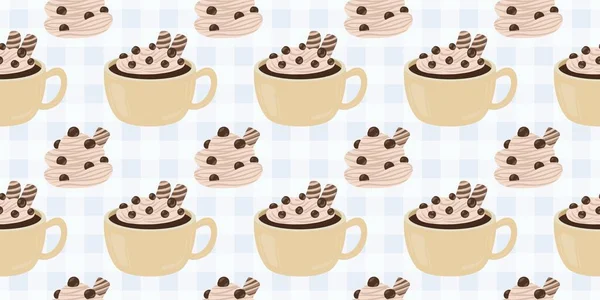 Sıcak ve lezzetli içeceklerle dolu bardaklar. Çikolata, kahve, kakao ve kremalı fincanlar çizilmiş. Karalama kış mevsimlik elementleri beyaza izole edilmiş tasarım için. Samimi El çizimi. Desen Tasarım İllüstrasyonu.