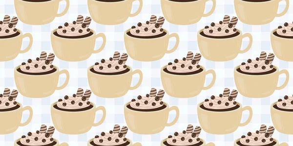 Sıcak ve lezzetli içeceklerle dolu bardaklar. Çikolata, kahve, kakao ve kremalı fincanlar çizilmiş. Karalama kış mevsimlik elementleri beyaza izole edilmiş tasarım için. Samimi El çizimi. Desen Tasarım İllüstrasyonu.