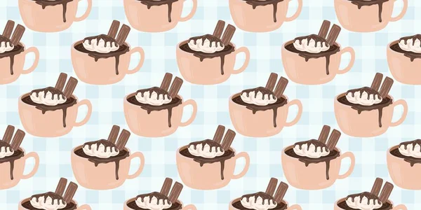 Sıcak ve lezzetli içeceklerle dolu bardaklar. Çikolata, kahve, kakao ve kremalı fincanlar çizilmiş. Karalama kış mevsimlik elementleri beyaza izole edilmiş tasarım için. Samimi El çizimi. Desen Tasarım İllüstrasyonu.