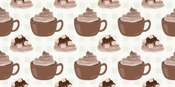 Sıcak ve lezzetli içeceklerle dolu bardaklar. Çikolata, kahve, kakao ve kremalı fincanlar çizilmiş. Karalama kış mevsimlik elementleri beyaza izole edilmiş tasarım için. Samimi El çizimi. Desen Tasarım İllüstrasyonu.